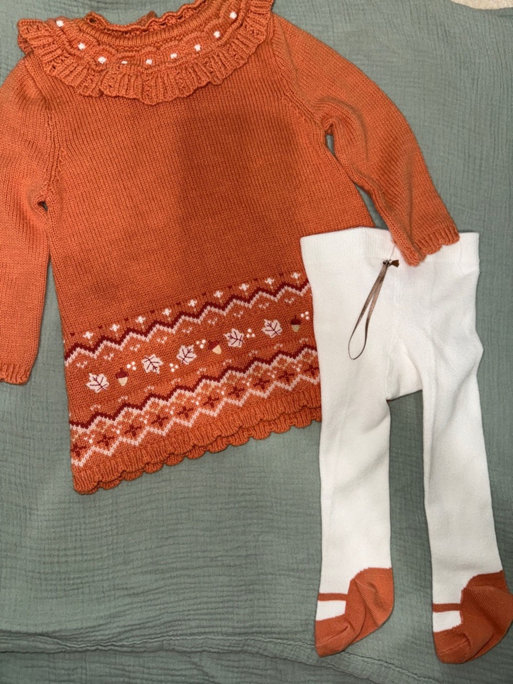 Girls Orange Knit Dress with White Tights - Kids Accessories 6/9M